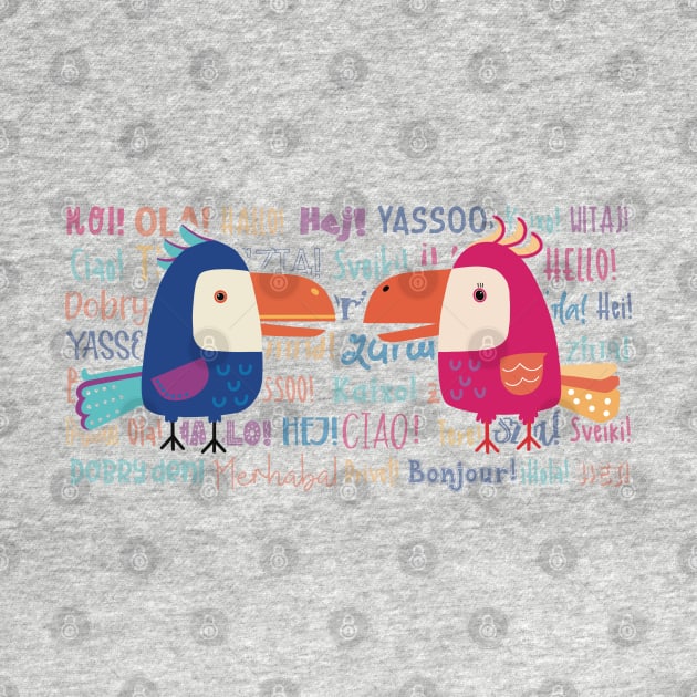 The Two colorful funny parrots meeting for a gossip surrounded with the word Hello in different languages and colors by marina63